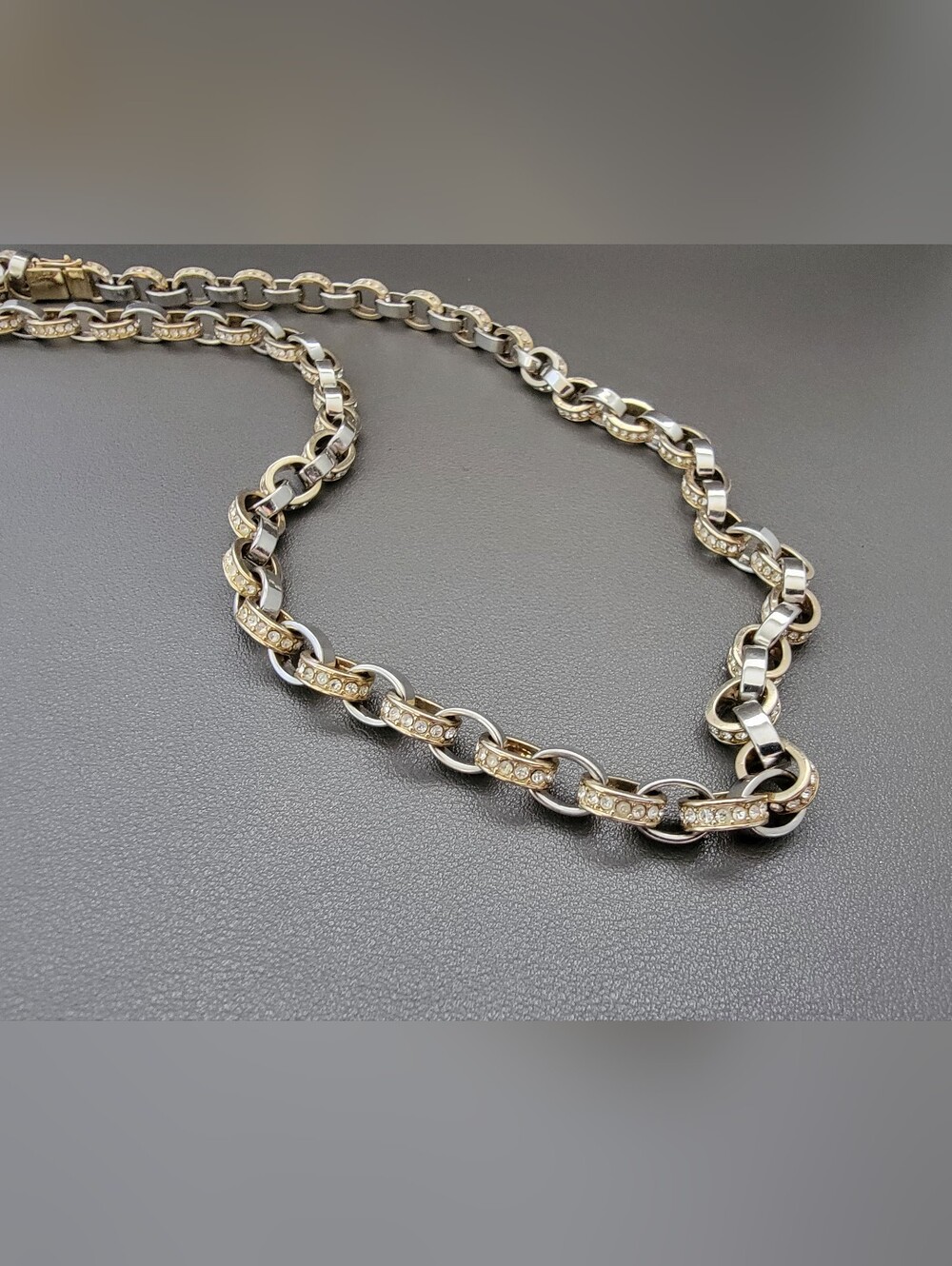 27" Two Tone Rhinestone Link Opera Necklace Gold Silver Tone Hidden Box Clasp